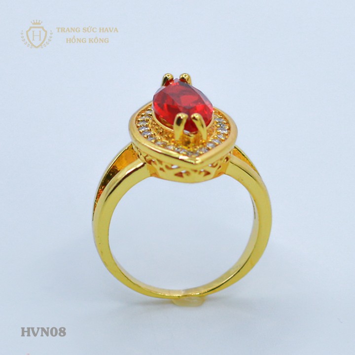 Nhẫn Nữ Mặt Oval Đính Đá Đỏ Xi Mạ Vàng Non Cao Cấp - Trang Sức Hava Hong Kong - HVN08
