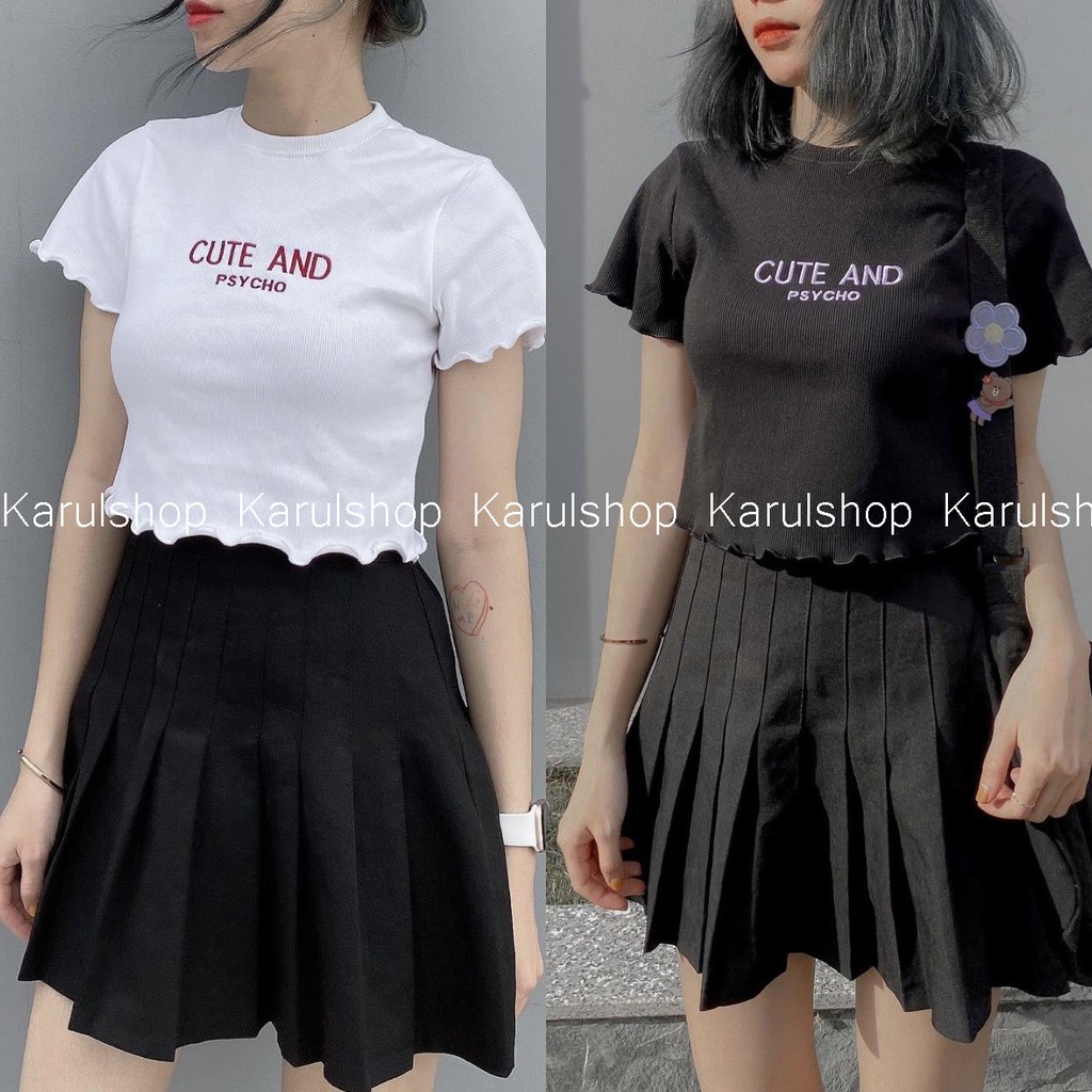 Áo thun croptop tay nhún cute &amp; psycho, áo croptop nữ 2 màu thêu chữ, áo thun basic