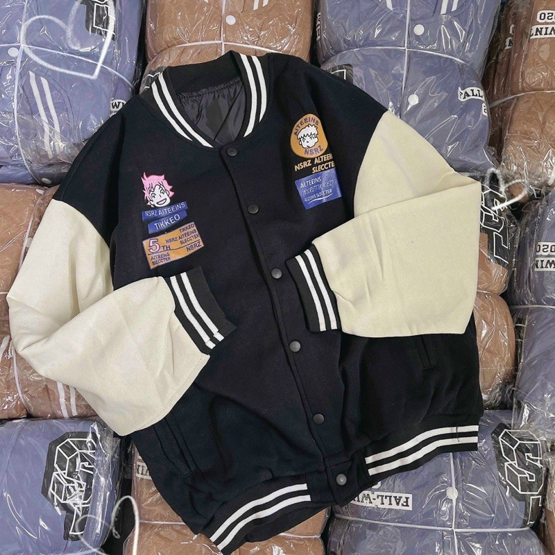 ÁO KHOÁC BÓNG CHÀY BOMBER ĐEN PHỐI TRẮNG SỌC THÊU STICKER KÈM ẢNH THẬT