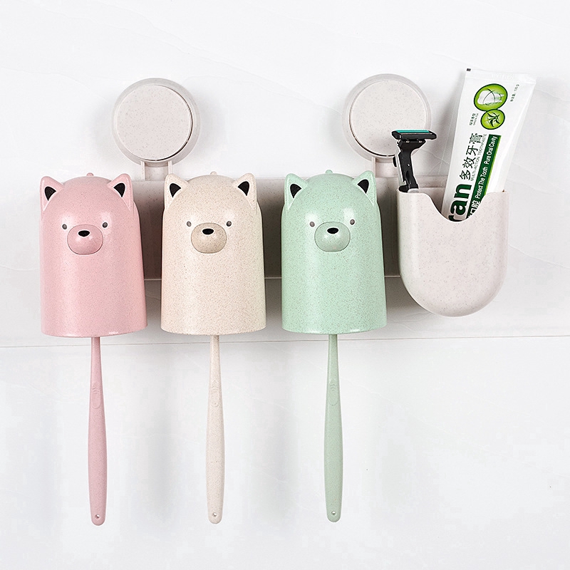 Cartoon Bear Family Brushing Cup Wheat Straw Toothbrush Holder Washing Set