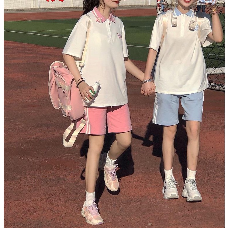 Set Áo Thun Polo Ngắn Tay + Quần Short Thời Trang Hàn Quốc Mới Cho Nữ