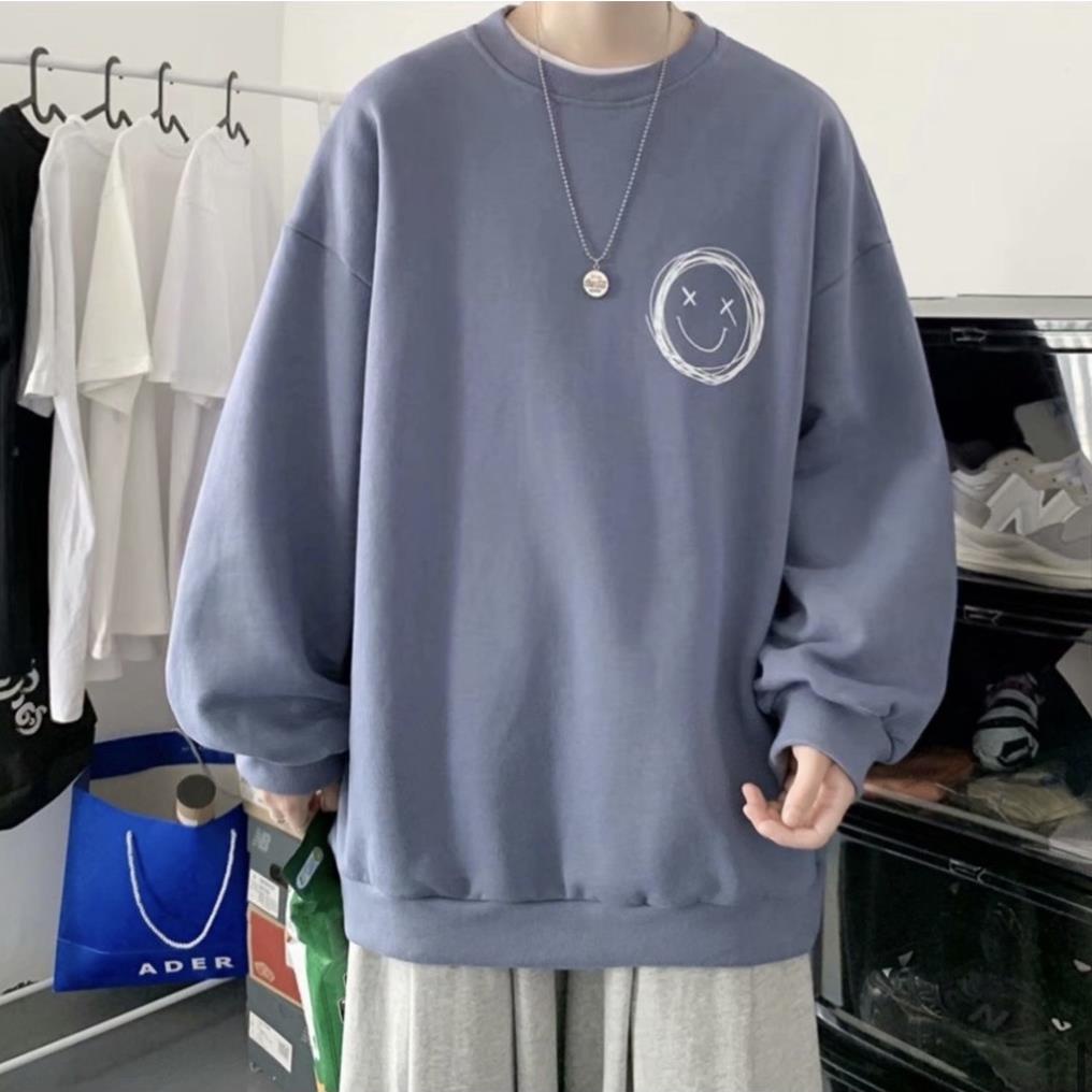Giảm giá 12-12 Sweater , áo nỉ cổ tròn form rộng unisex in hình icon mặt cười ở ngực phong cách cực chất cho nam nữ