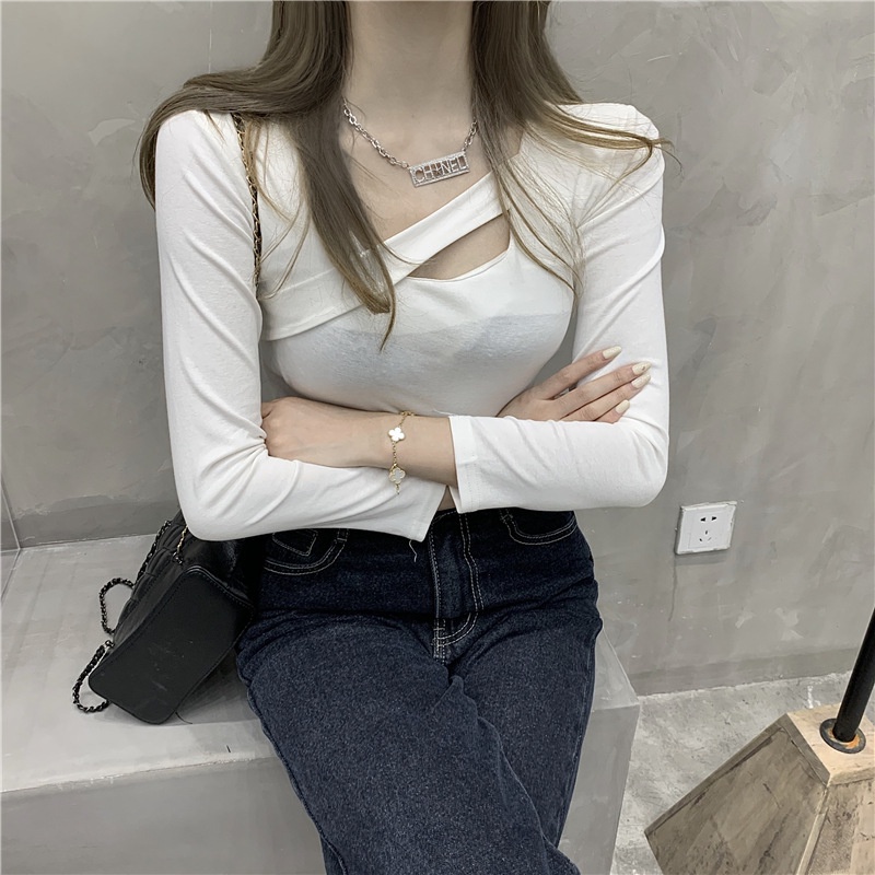 Áo thun nữ tay dài màu trơn thiết kế đơn giản gợi cảm thời trang