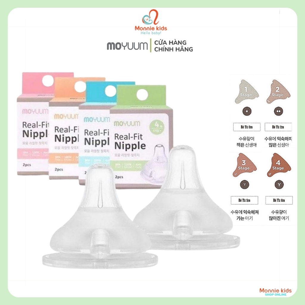 Núm ti bình sữa MOYUUM cho bé, núm ty silicone thay thế size 1, 2, 3 và 4 - Monnie Kids