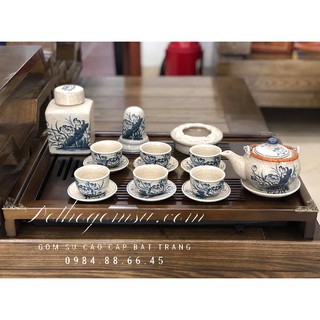 Bộ trà Bát Tràng men rạn giả cổ vẽ hoa sen quai mây