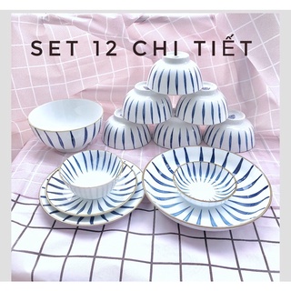 Bộ bát đĩa sứ bát tràng 12 chi tiết,Bộ bát ăn cơm,chén dĩa décor bàn ăn men dày dặn phong cách Bắc Âu