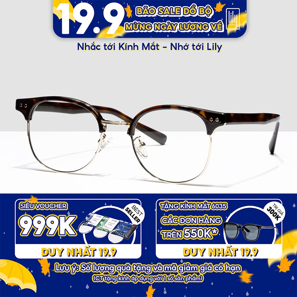 Gọng kính cận nữ đẹp LILYEYEWEAR kim loại mắt tròn giả cận kiểu dáng Clubmaster A2157
