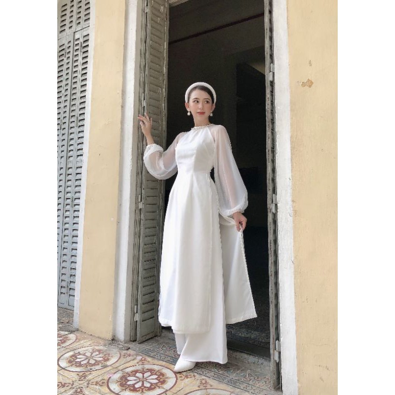 Áo dài trắng 2 tà phối tay