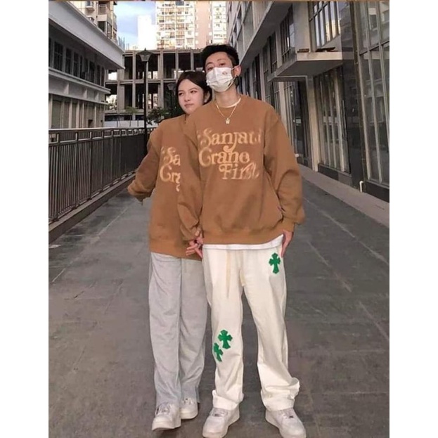 Áo Nỉ SanJati Nâu Tây Nữ[FREESHIP]Sweater from rộng tay bồng Unisex nỉ mịn dày dặn