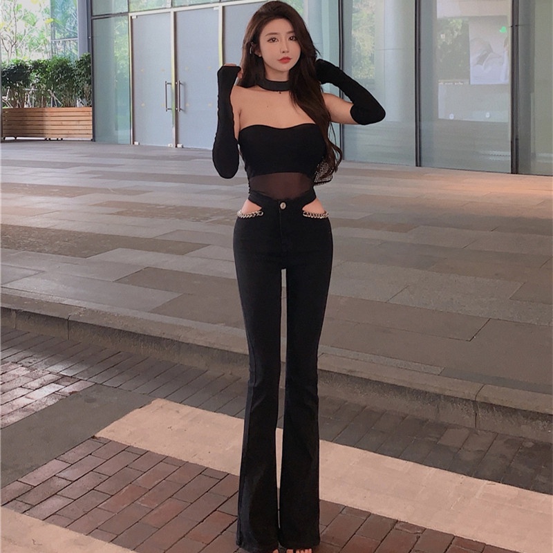 Bộ Áo Tay Phối Lưới + Quần Jean Rách Thời Trang Mùa Hè Dễ Phối Đồ Cho Nữ