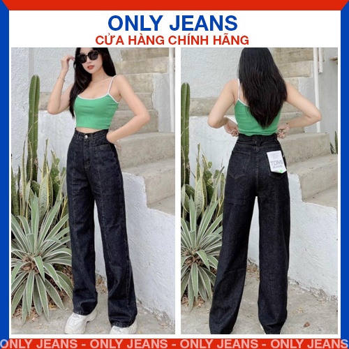 Quần jean nữ lưng cao dáng suông màu đen có viền cá tính phong cách Hàn Quốc, không nhăn không xù khi giặt MS5042