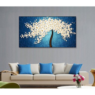 Tranh treo tường HD Cây hoa trắng nền xanh KT 90 x 50 cm