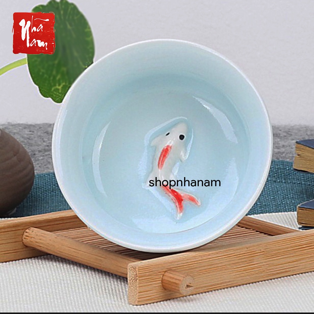 Chén trà men ngọc họa tiết cá chép 3D in nổi cao cấp