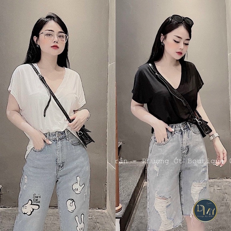 Áo phông cổ tim tay ngắn nữ, thun trơn cotton đẹp dễ phối đồ Thubio