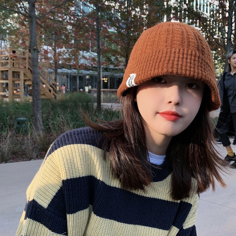 Mũ len tai bèo phối bản vá thủ công ấm áp dày dặn thời trang mùa đông Hàn Quốc mới cho nữ