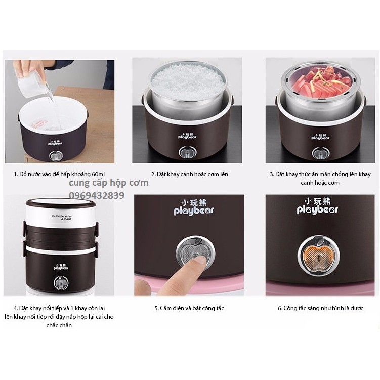 Hộp cơm hâm nóng cắm điện 3 tầng inox Playbear DFH2019 Tặng Bộ Thìa Đũa Inox 304 Cao Cấp | BigBuy360 - bigbuy360.vn