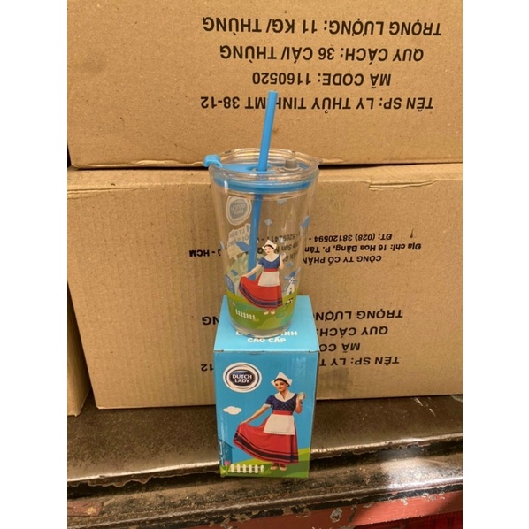 Ly Thủy TinhKèm Nắp Chống Tràn Và Ống Hút 450ML Hkm DutchLady