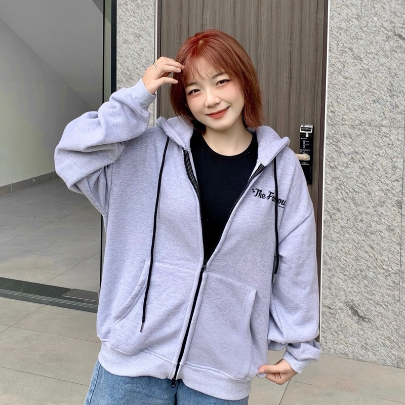 [Chính hãng] Áo khoác hoodie zip nỉ chân cua khoá kéo 1 chiều The Famous Xám Tiêu