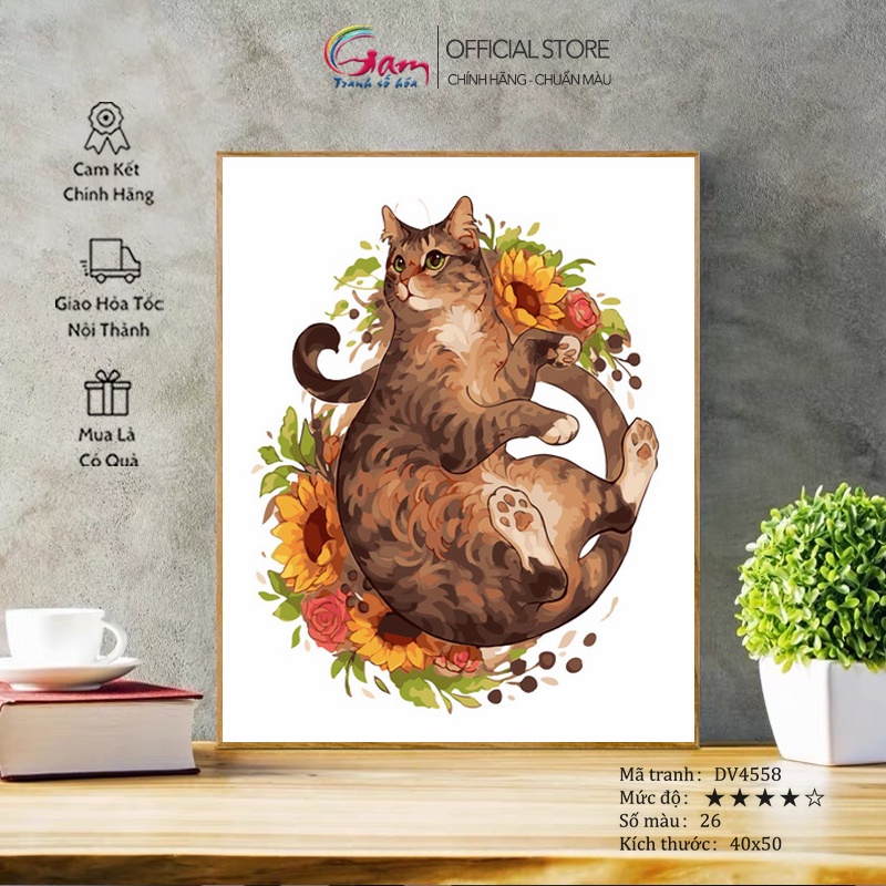 Tranh tô màu theo số Mèo và hoa hướng dương GAM kèm bộ màu to và 2 bộ cọ đã căng khung 2.5cm 40x50cm DV4558