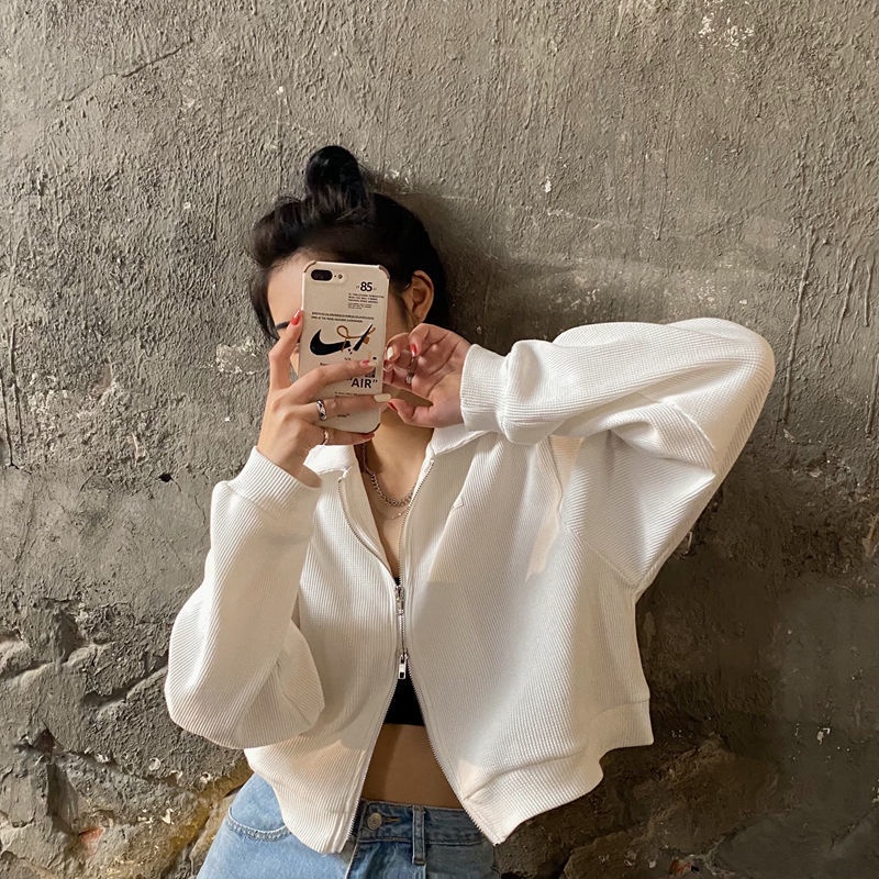 Áo Croptop Dệt Kim Dài Tay Phối Khóa Kéo Hàn Quốc Thời Trang Mùa Thu | BigBuy360 - bigbuy360.vn