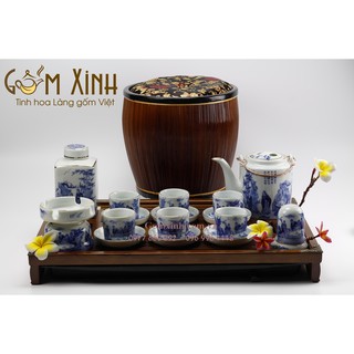 Bao ủ_giỏ ủ ấm & Bộ ấm tích Bát Tràng 0.75 lít Lam Cổ vàng kim & phụ kiện