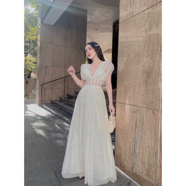 Maxi lưới lót phi hở xẻ ngực sexy quyến rũ gợi cảm quý phái - đầm váy xoè dài dự tiệc sự kiện cao cấp có hình thật