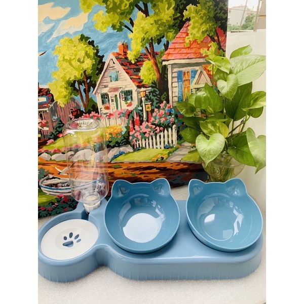 Bát ăn cho mèo bát ăn đôi kèm bình nước 500ml