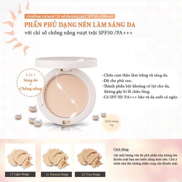 Phấn Phủ Dạng Nén Làm Sáng Da – Innisfree Mineral Uv Whitening Pact Spf 50+/Pa+++