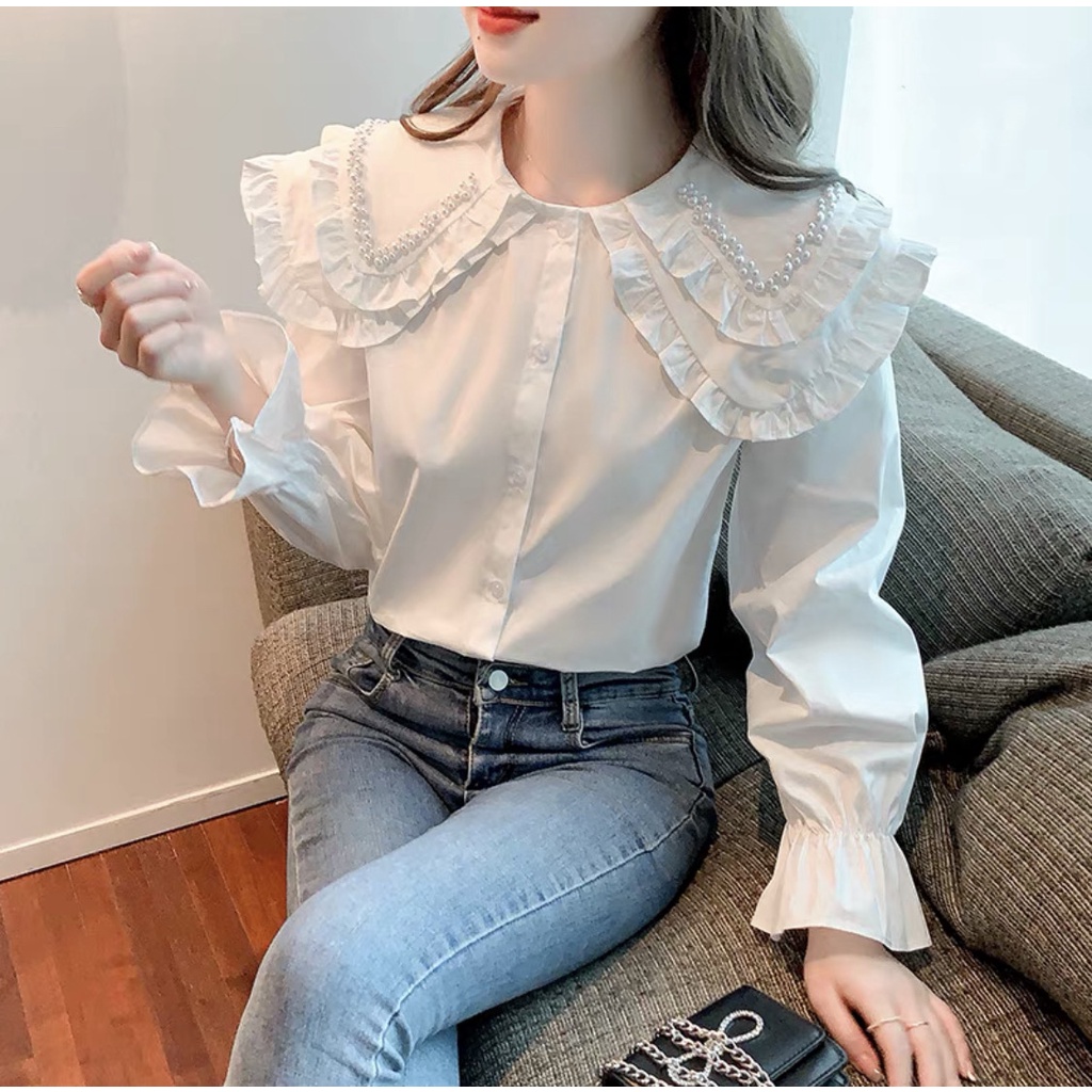 Sơ mi cổ áo búp bê KIÊU MỚI. ÁO SƠ MI TAY DÀY thiết kế thích hợp hàng đầu với phụ nữ