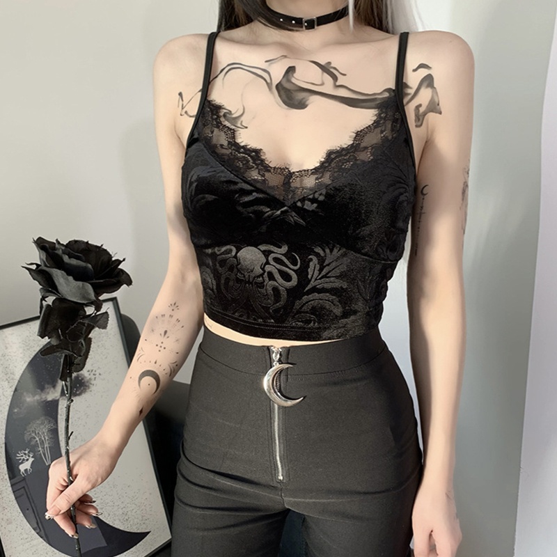 Áo croptop hai dây vải nhung viền ren cổ chữ v gợi cảm họa tiết chiếc lá bạch tuộc màu đen đậm phong cách punk cho nữ