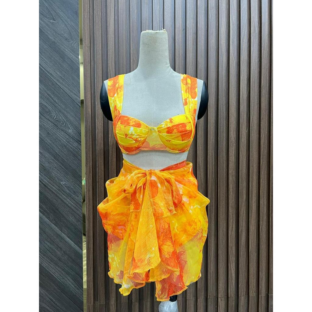 BIKINI 2 MẢNH GỌNG KÈM KHĂN HỌA TIẾT VÀNG LOANG  SẾP LI CAO CẤP BIKINI UMI
