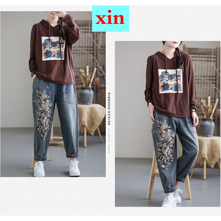 Quần Jeans Lưng Cao Dáng Rộng Thêu Họa Tiết Phong Cách Dân Tộc Mẫu Mới Thời Trang Xuân Thu Cho Nữ 2022