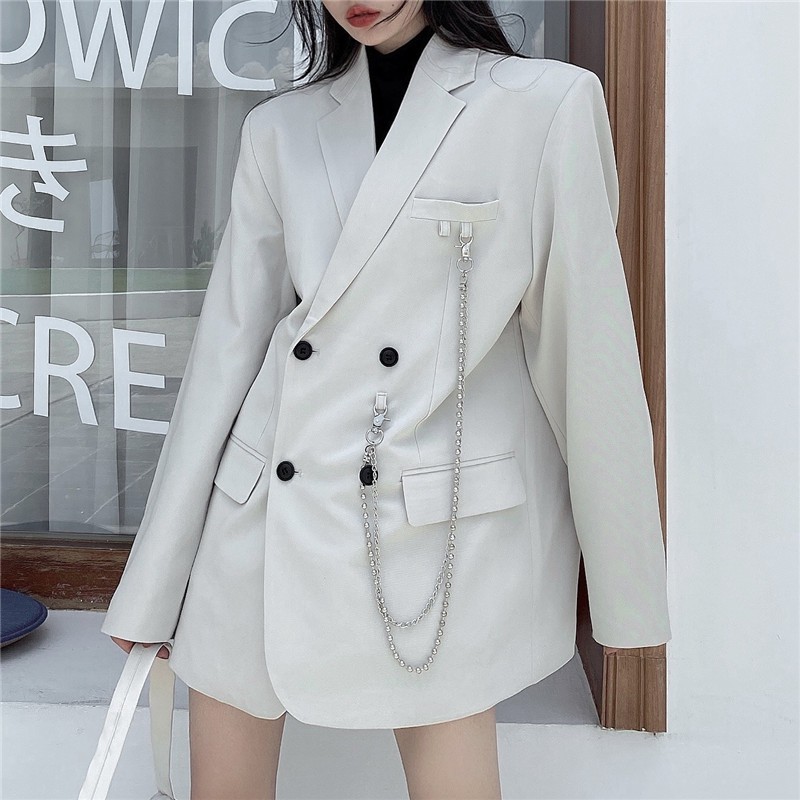 [SIÊU SALE] Áo Vest Blazer Thiết Kế Phong Cách Hàn Quốc Cá Tính Màu Trắng Kem Kèm Dây Xích