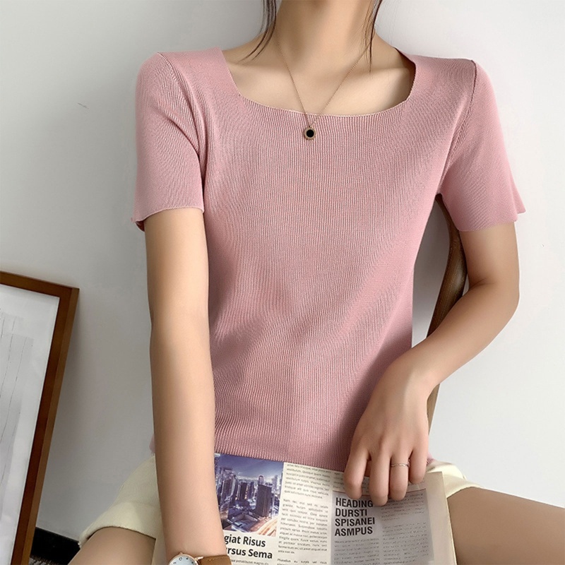 Áo Thun Dệt Kim Tay Ngắn Cổ Vuông Màu Trơn Dáng Ôm Thời Trang Cho Nữ