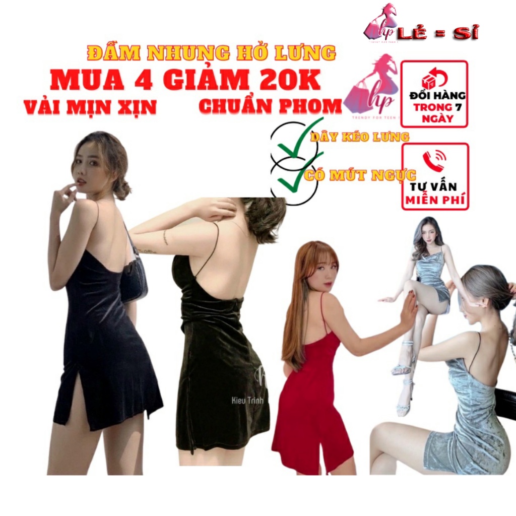 Đầm váy nữ bản 2 dây ôm body nhung mềm mịn hở lưng có mút ngực xẻ tà ngắn cực sang chảnh dự tiệc