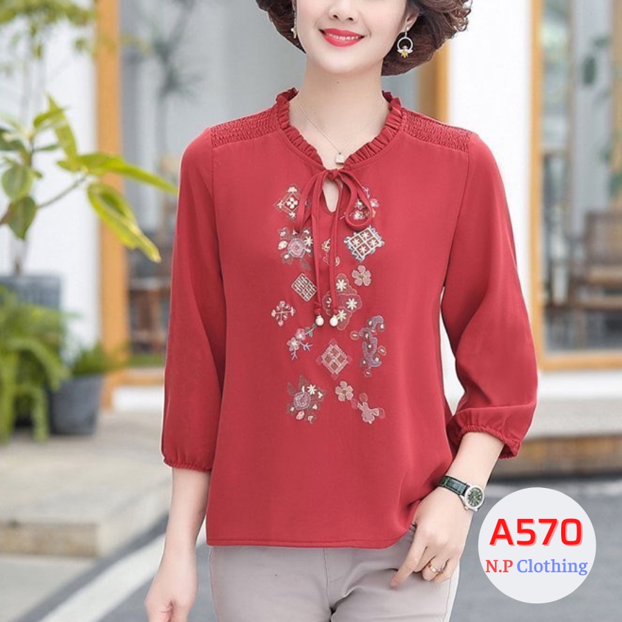 Áo Trung Niên Nữ A570, Kiểu Áo Trung Tuổi Chiffon Cho Mẹ Tay Dài Cổ Nơ Bèo Sang Trọng |Thời Trang Trung Niên NP Clothing