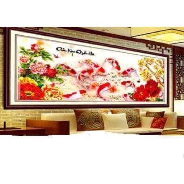 Tranh gắn đá cửu ngư quần hội 165x70cm