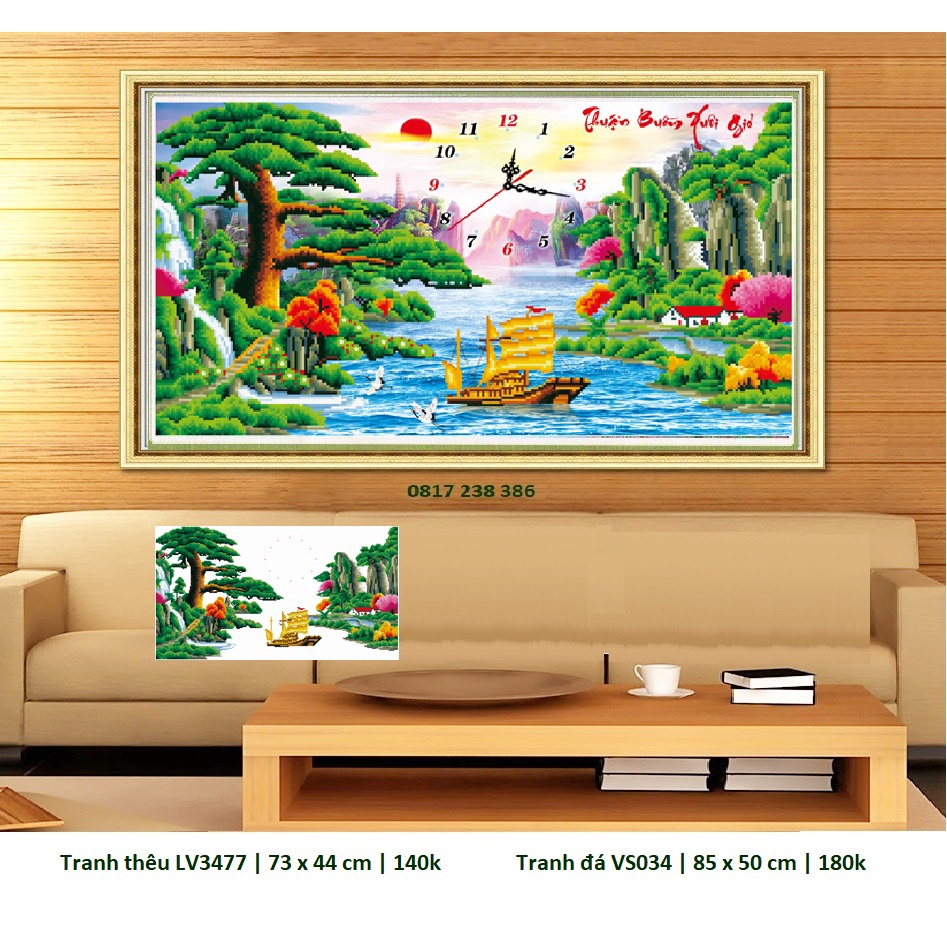 Tranh thêu chữ thập, tranh đính đá đồng hồ Thuận buồm xuôi gió LV3477 , VS034