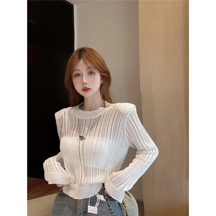 QKOOLE  Áo croptop Dệt Kim Tay Dài Hoạ Tiết Kẻ Sọc Phong Cách Hàn Quốc