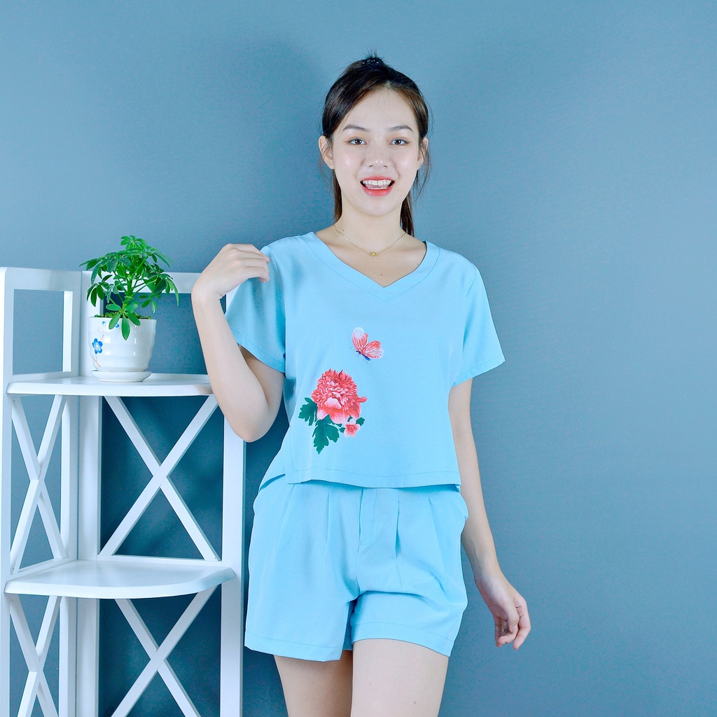Bộ đồ nữ MÀU XANH NGỌC IN HOA CỰC XINH  - vải lụa cao cấp - Lịch sự - Quý phái