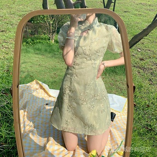 High-end cheongsam women's spring and summer 2022 new Chinese style improved young fairy green short-sleeved dress