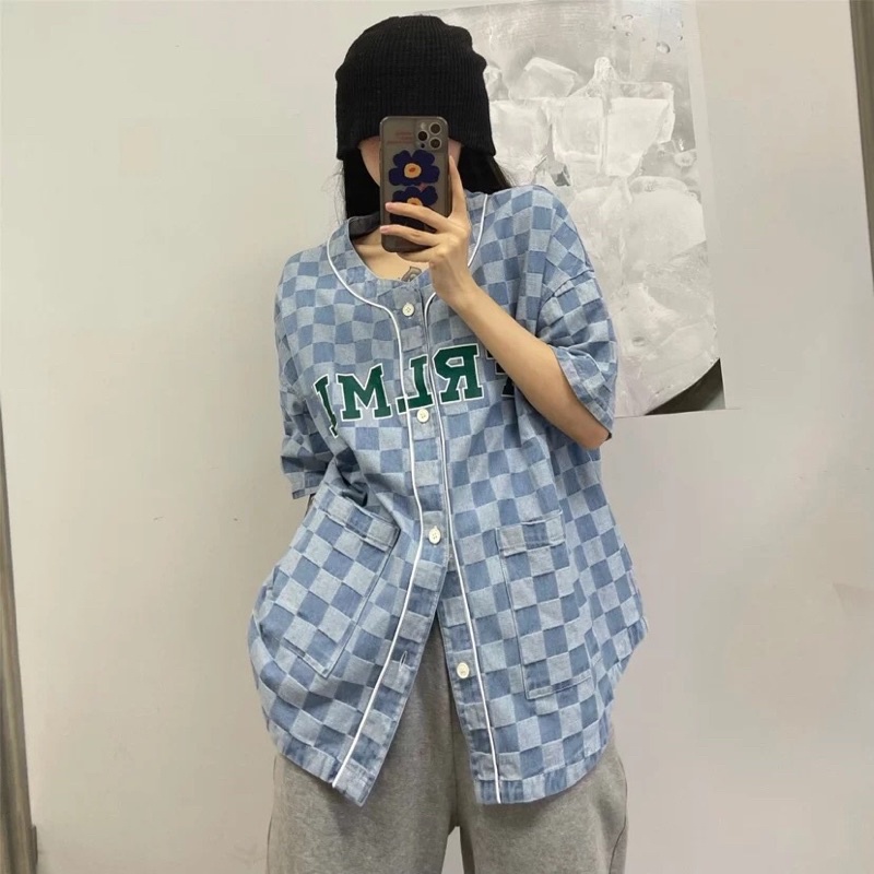 Áo sơ mi bò denim ngắn tay mosaic kẻ ô đậm nhạt Ulzzang oversize cá tính chất siêu đẹp ❤️