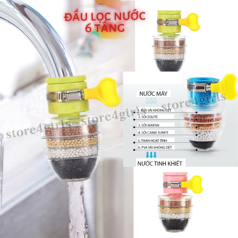 Đầu lọc nước trực tiếp tại vòi 6 tầng tiện ích, Đầu lọc nước đa năng lọc khí Clo dư rỉ sét, vi khuẩn, tạp chất