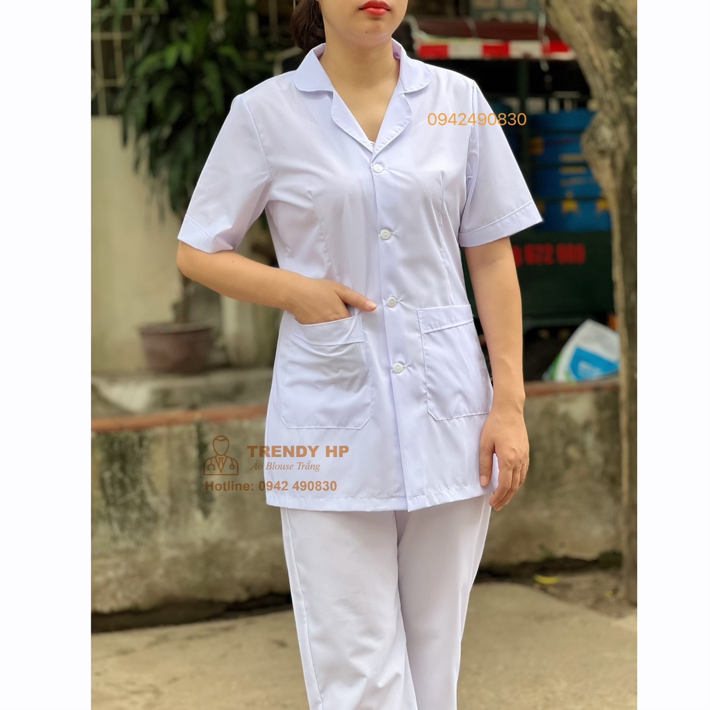 Bộ quần áo blouse trắng trơn viền bo tròn cổ nữ tính xinh xắn cho y tá, điều dưỡng, dược sỹ, y sỹ, thẩm mỹ viện, spa