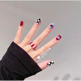Nail box sọc caro phối xanh đỏ