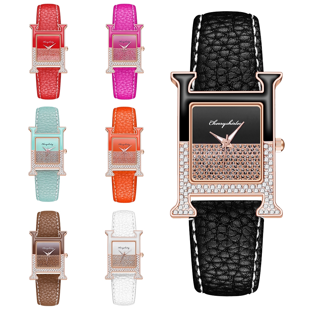 Đồng hồ Nữ dây da mặt vuông đính kim cương giả máy Quartz hợp thời trang sang trọng