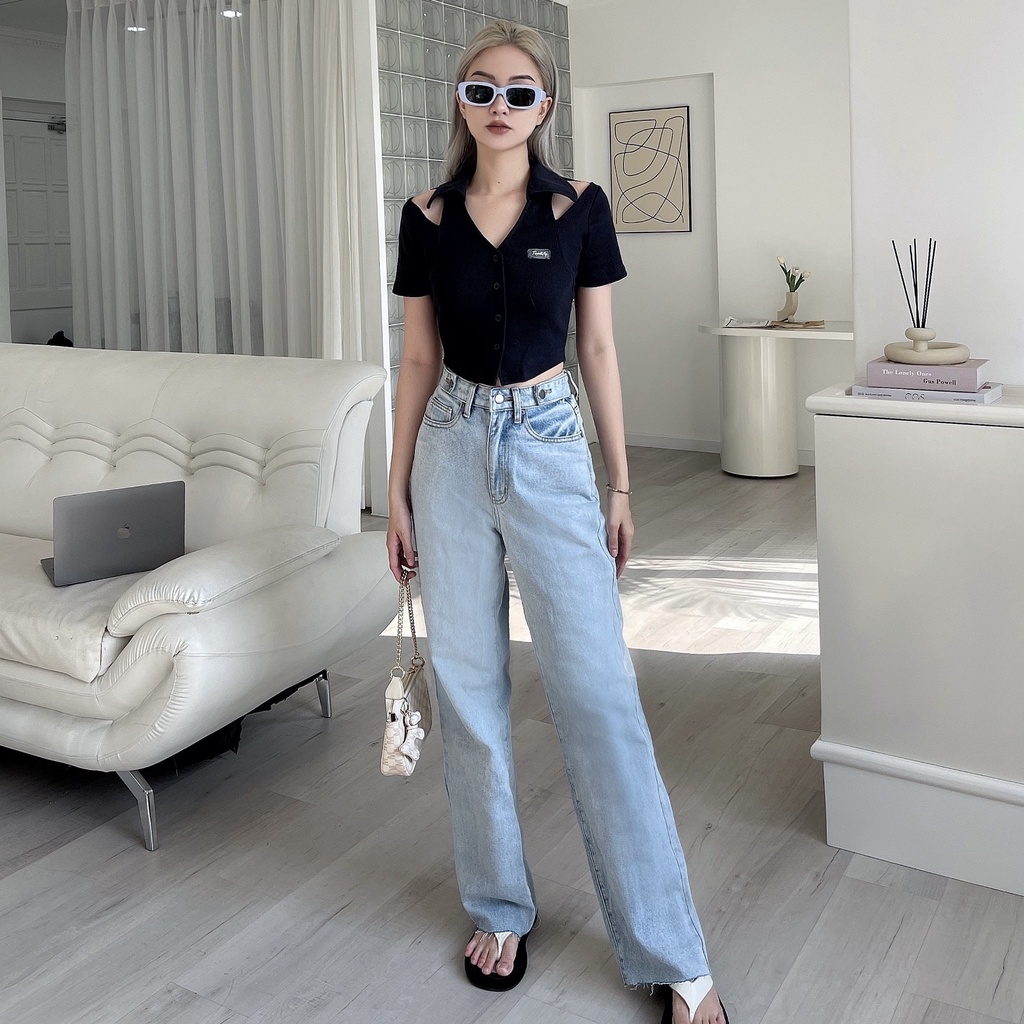 Quần jean ống rộng TOPTIFY kiểu đai lưng túi đắp MOODIE JEANS QJ38