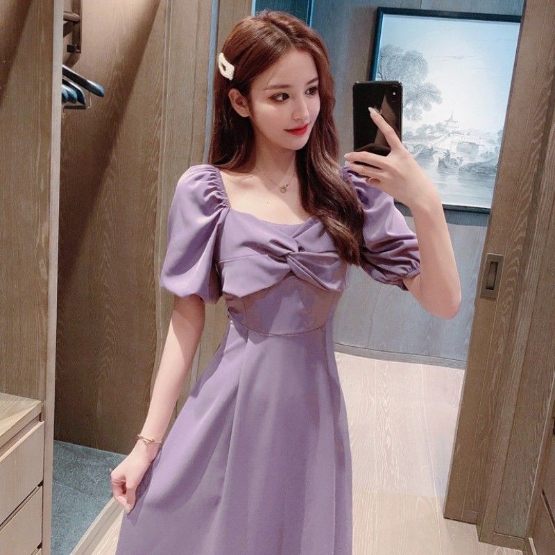 French Gentle Simple Temperament Long Dress2021Summer Fairy Square Collar Slimming Slimming Purple Elegant Dress