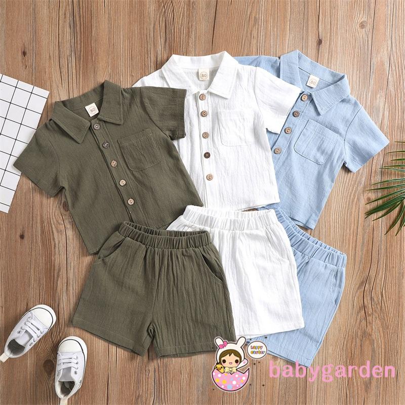 Bộ Áo Sơ Mi Ngắn Tay Màu Trơn + Quần short Thời Trang Hè Thu Cho Bé Trai 6 Tháng - 4 Tuổi