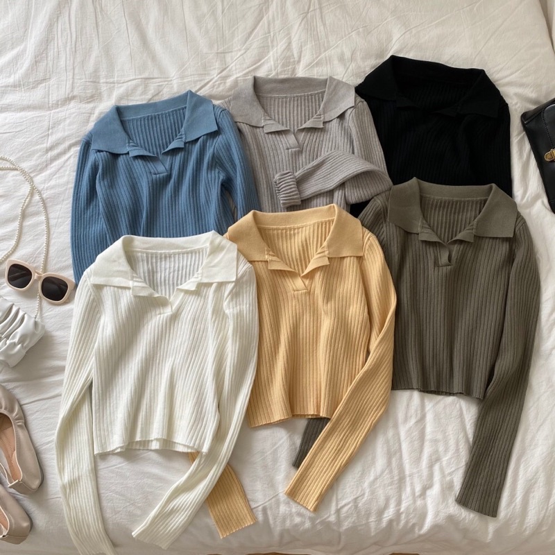 Croptop cổ bẻ len tăm nữ | BigBuy360 - bigbuy360.vn